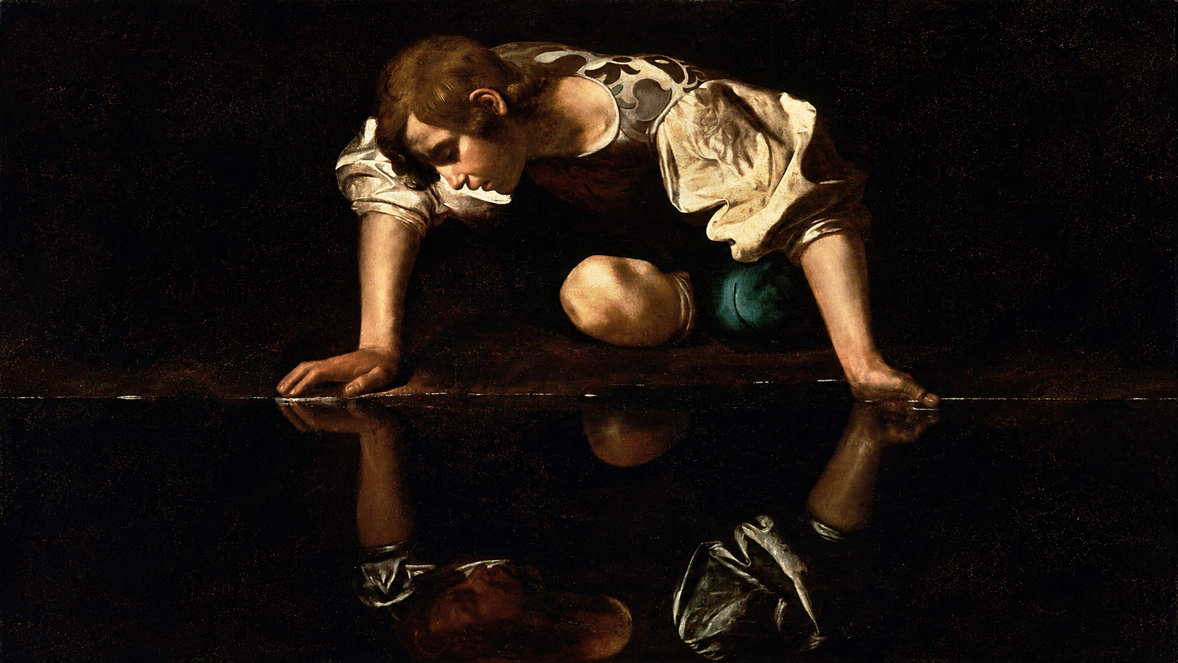 Narcissus looking at his reflection, from a painting by Caravaggio